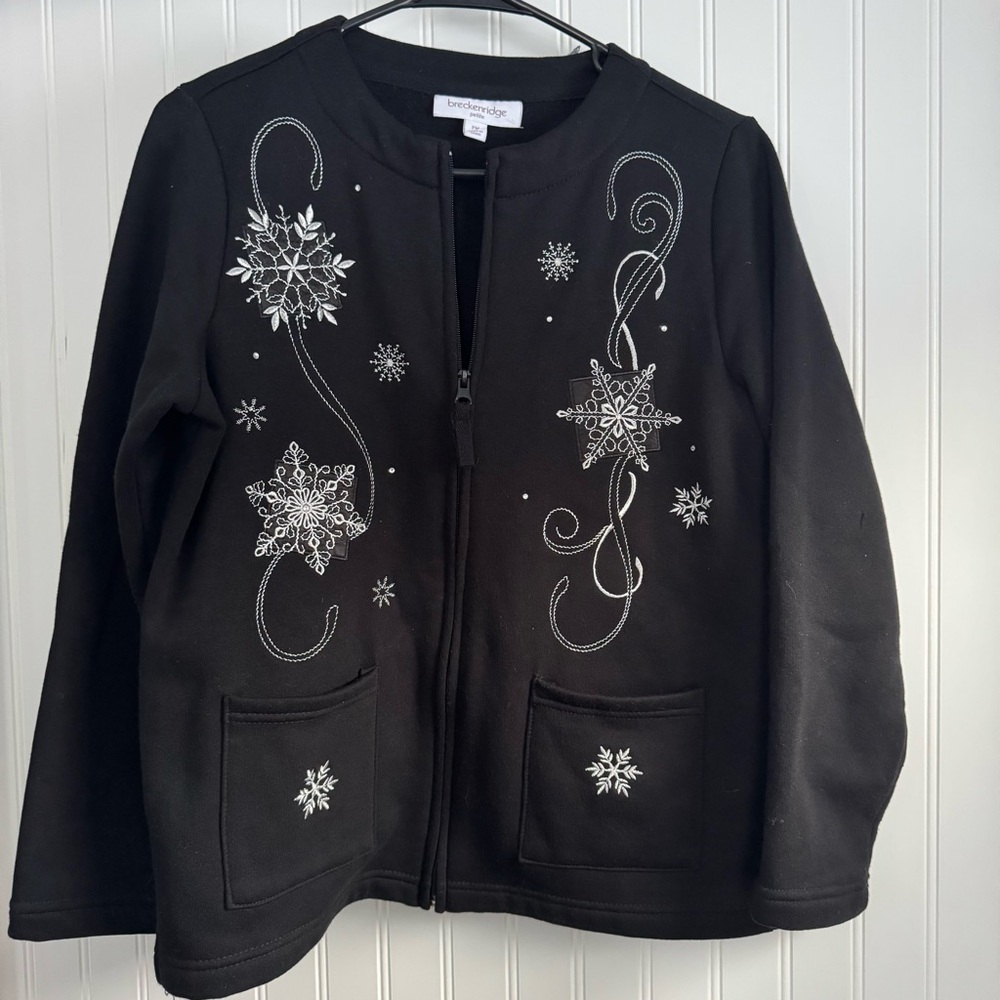 Breckenridge Black Snowflake Zip Cardigan Petite Medium